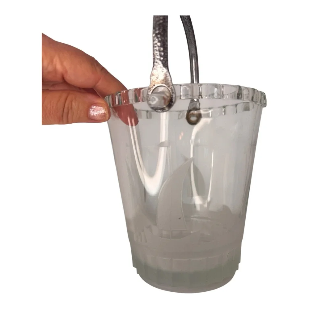 Vintage Etched Glass Sailboat Ice Bucket with Hammered Metal Handle Nautical